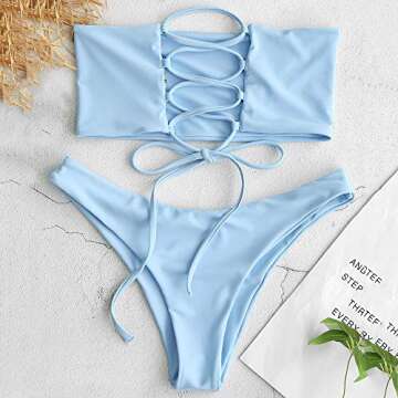 ZAFUL Adjustable Light Blue Bandeau Bikini Set for Women