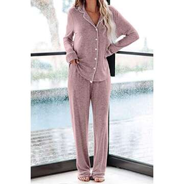 Aamikast Women's Two-piece Classic knit Pajama Sets Long Sleeve Button Down Sleepwear (XXL, Pink)