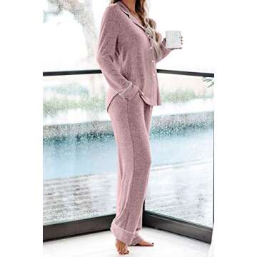 Aamikast Women's Two-piece Classic knit Pajama Sets Long Sleeve Button Down Sleepwear (XXL, Pink)