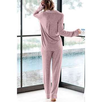 Aamikast Women's Two-piece Classic knit Pajama Sets Long Sleeve Button Down Sleepwear (XXL, Pink)