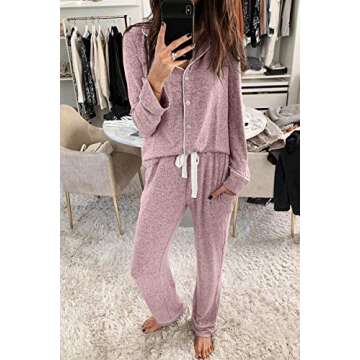 Aamikast Women's Two-piece Classic knit Pajama Sets Long Sleeve Button Down Sleepwear (XXL, Pink)