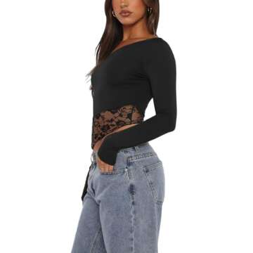 REORIA Womens Off The Shoulder Long Sleeve Tops Lace Double Lined Crop Tops Regular Fitted Shirts Going Out Y2k Trendy Tops Black Medium