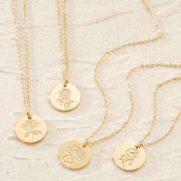 MYEARS Women Birth Flower Necklace Gold Coin Engraved Disc Month August Flower Bouquet Pendant 14K Gold Plated Dainty Chain Personalized Floral Jewelry Birthday Gift