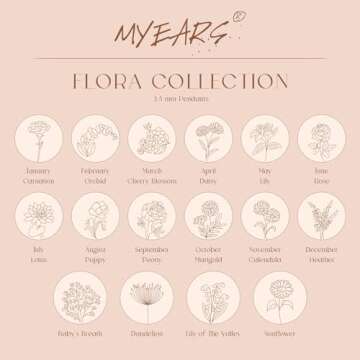 MYEARS Women Birth Flower Necklace Gold Coin Engraved Disc Month August Flower Bouquet Pendant 14K Gold Plated Dainty Chain Personalized Floral Jewelry Birthday Gift