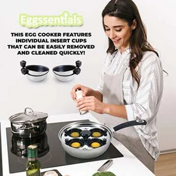 Egg Poacher - Eggssentials Poached Egg Maker, Stainless Steel Egg Poaching Pan, Poached Eggs Cooker Food Grade Safe PFOA Free with Spatula.