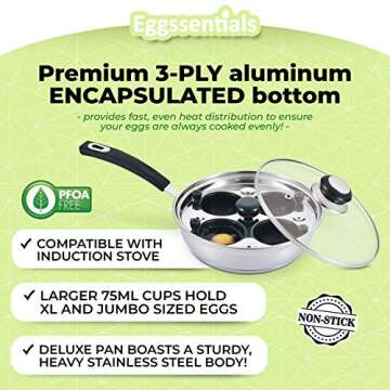 Egg Poacher - Eggssentials Poached Egg Maker, Stainless Steel Egg Poaching Pan, Poached Eggs Cooker Food Grade Safe PFOA Free with Spatula.