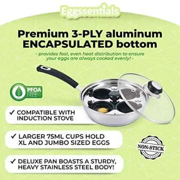 Egg Poacher - Eggssentials Poached Egg Maker, Stainless Steel Egg Poaching Pan, Poached Eggs Cooker Food Grade Safe PFOA Free with Spatula.