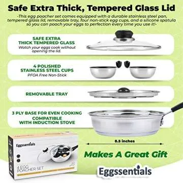 Egg Poacher - Eggssentials Poached Egg Maker, Stainless Steel Egg Poaching Pan, Poached Eggs Cooker Food Grade Safe PFOA Free with Spatula.