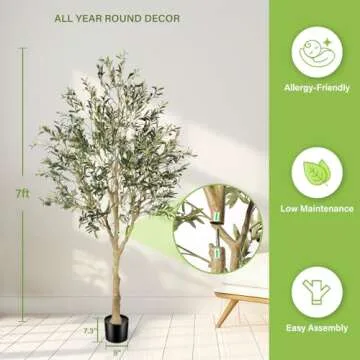 FEELEAD Faux Olive Tree 7ft - Realistic Artificial Olive Tree 7 Feet Indoor (84") - Tall Fake Potted Olive Silk Tree Artificial Indoor with Natural Wood Trunk for Home Office Decor
