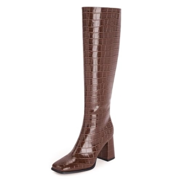 Modatope Brown Knee High Boots Women Chunky Heel Crocodile Tall Boots Square Toe 2024 Fall Boots for...