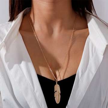Kercisbeauty Gold Feather Pendant with Chain Necklace Long Necklace for Women Men