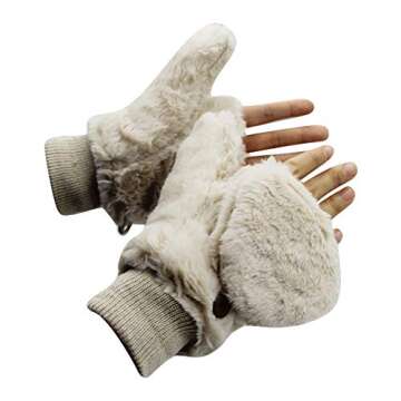 BOLLEY JOSS Women Girls Winter Warm Gloves Mittens Soft Faux Fur Wool Convertible Fingerless Gloves ...