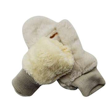 BOLLEY JOSS Women Girls Winter Warm Gloves Mittens Soft Faux Fur Wool Convertible Fingerless Gloves with Cover