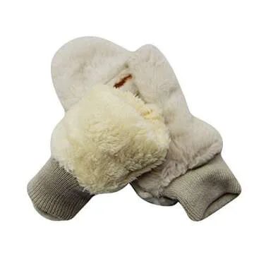 BOLLEY JOSS Women Girls Winter Warm Gloves Mittens Soft Faux Fur Wool Convertible Fingerless Gloves with Cover