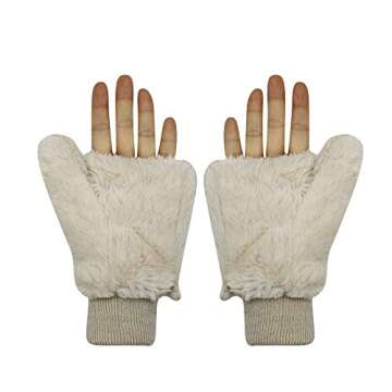 BOLLEY JOSS Women Girls Winter Warm Gloves Mittens Soft Faux Fur Wool Convertible Fingerless Gloves with Cover