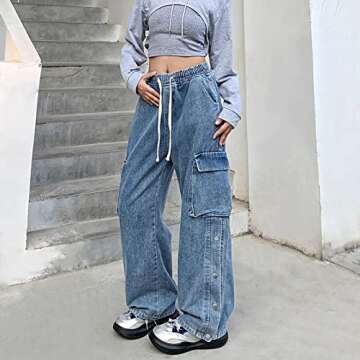 Veryin Baggy Jeans for Women High Waist Y2K Boyfriend Casual Loose Wide Leg Drawstring Cargo Pants w...