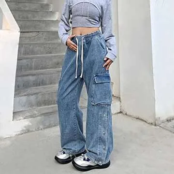 Veryin Baggy Jeans for Women High Waist Y2K Boyfriend Casual Loose Wide Leg Drawstring Cargo Pants w...