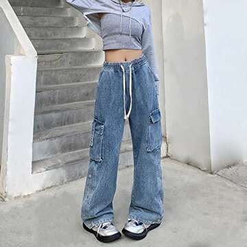 Veryin Baggy Jeans for Women High Waist Y2K Boyfriend Casual Loose Wide Leg Drawstring Cargo Pants with Pockets