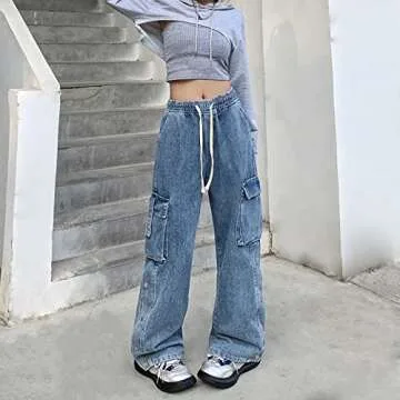 Veryin Baggy Jeans for Women High Waist Y2K Boyfriend Casual Loose Wide Leg Drawstring Cargo Pants with Pockets
