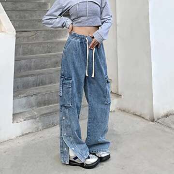 Veryin Baggy Jeans for Women High Waist Y2K Boyfriend Casual Loose Wide Leg Drawstring Cargo Pants with Pockets