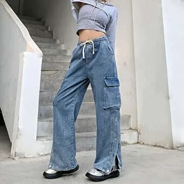 Veryin Baggy Jeans for Women High Waist Y2K Boyfriend Casual Loose Wide Leg Drawstring Cargo Pants with Pockets
