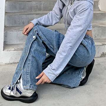 Veryin Baggy Jeans for Women High Waist Y2K Boyfriend Casual Loose Wide Leg Drawstring Cargo Pants with Pockets