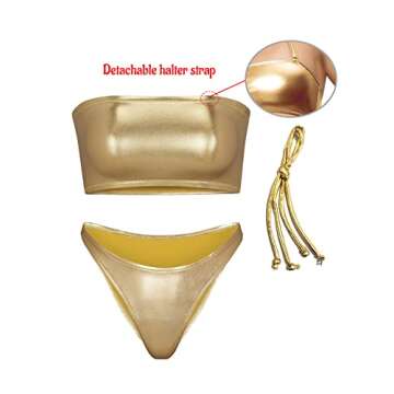 Women's Sexy Metallic Bikini Set - Shiny Swimsuit Rave Outfit Strapless Halter Tube Bandeau Top & Thong Bottom(Gold, XS, 10251e)
