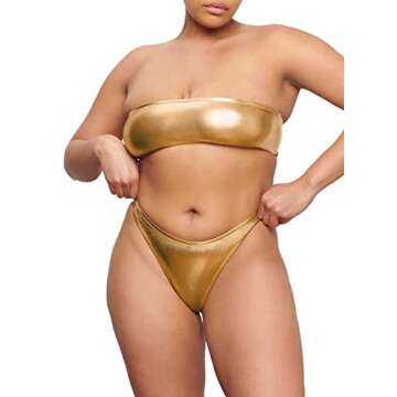 Women's Sexy Metallic Bikini Set - Shiny Swimsuit Rave Outfit Strapless Halter Tube Bandeau Top & Thong Bottom(Gold, XS, 10251e)