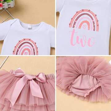 Baby Girls Rainbow 1st 2nd Birthday Outfit Romper Tutu Skirt with Diaper Cover Tulle Bloomers and Crown Headband 3PCS Infant Birthday Cake Smash Outfit for Photo Prop Dusty Pink Two + Flower 2 Years