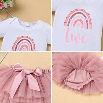 Baby Girls Rainbow 1st 2nd Birthday Outfit Romper Tutu Skirt with Diaper Cover Tulle Bloomers and Crown Headband 3PCS Infant Birthday Cake Smash Outfit for Photo Prop Dusty Pink Two + Flower 2 Years