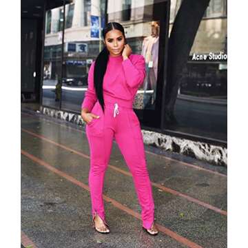 Womens Two Piece Outfits Pullover Sweater Top & Long Pants 2 Piece Tracksuit Set Pink