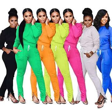 Womens Two Piece Outfits Pullover Sweater Top & Long Pants 2 Piece Tracksuit Set Pink