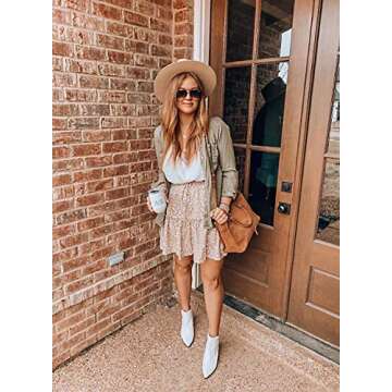 Arjungo Women's Floral Print High Waist with Drawstring Ruffle Flared Boho A Line Skater Mini Skirt Beige