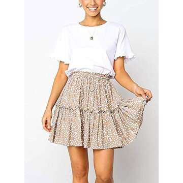 Arjungo Women's Floral Print High Waist with Drawstring Ruffle Flared Boho A Line Skater Mini Skirt Beige