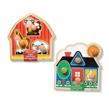 Melissa & Doug Jumbo Knob Wooden Puzzles Set - Shapes and Barn
