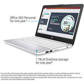 HP Stream 11.6-inch HD Laptop, Intel Celeron N4000, 4 GB RAM, 32 GB eMMC, Windows 10 Home in S Mode with Office 365 Personal for 1 Year (11-ak0020nr, Diamond White)