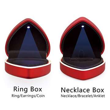 Wislist Necklace Box with Led Light Small Heart Shaped Earring Jewelry Case Insert Velevt for Proposal Engagement Wedding Ceremony Birthday Gift (Red)