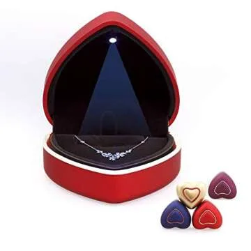 Wislist Necklace Box with Led Light Small Heart Shaped Earring Jewelry Case Insert Velevt for Proposal Engagement Wedding Ceremony Birthday Gift (Red)
