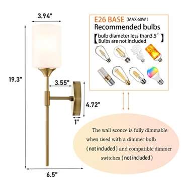 BYOLIIMA Gold Wall Sconce Set of 2 with White Cylinder Glass Shades Modern Mid Century Bathroom Vanity Wall Light Fixtures Industrial Brushed Brass Wall Lamp for Bedroom Mirror Living Room Restaurant