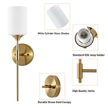 BYOLIIMA Gold Wall Sconce Set of 2 with White Cylinder Glass Shades Modern Mid Century Bathroom Vanity Wall Light Fixtures Industrial Brushed Brass Wall Lamp for Bedroom Mirror Living Room Restaurant