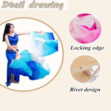 Nimiman Women Real Silk 1.8M Belly Dance Fan veils Vertical Style Blue Turquoise White Gradient Colo...