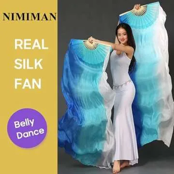 Nimiman Women Real Silk 1.8M Belly Dance Fan veils Vertical Style Blue Turquoise White Gradient Color