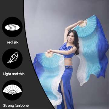 Nimiman Women Real Silk 1.8M Belly Dance Fan veils Vertical Style Blue Turquoise White Gradient Color