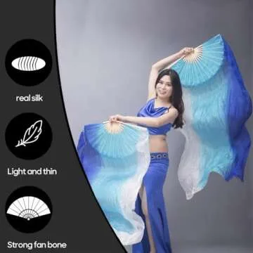 Nimiman Women Real Silk 1.8M Belly Dance Fan veils Vertical Style Blue Turquoise White Gradient Color