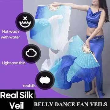 Nimiman Women Real Silk 1.8M Belly Dance Fan veils Vertical Style Blue Turquoise White Gradient Color