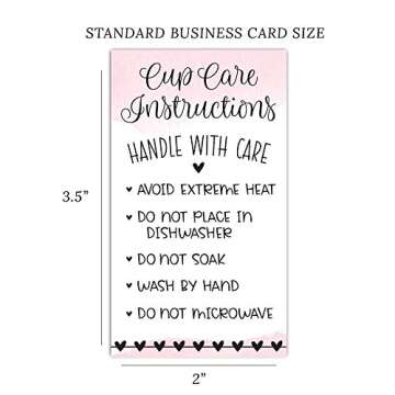 m&h invites 100 Pink Cup Care Instructions Cards - Tumblers and Mugs Care Instruction Insert for Sma...