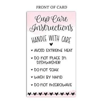 m&h invites 100 Pink Cup Care Instructions Cards - Tumblers and Mugs Care Instruction Insert for Small Business - Customer Directions Cards - Small Online Shop Package Insert