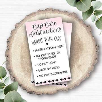m&h invites 100 Pink Cup Care Instructions Cards - Tumblers and Mugs Care Instruction Insert for Small Business - Customer Directions Cards - Small Online Shop Package Insert