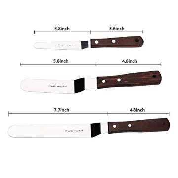 PUCKWAY Offset Cake Icing Spatula Set of 3 Professional Stainless Steel Decorating Frosting Spatulas (4"-6"-8" Flexible Resistant Blade) Angled with Wooden Handle