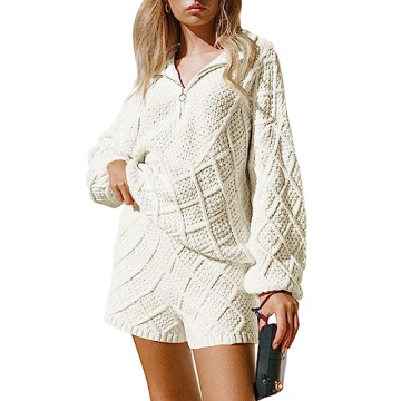 Women's 2024 Fall Casual 2 Piece Outfits Sweater Set Half Zip Cable Knit Pullover Top and Shorts Pan...